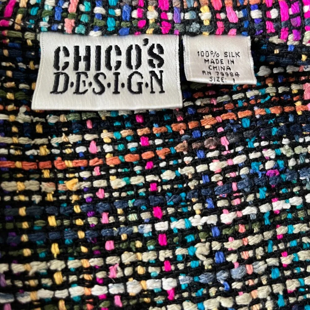 Vintage Chico's Design 100% Silk Boho Granny Chic Woven Tweed Rainbow Jacket